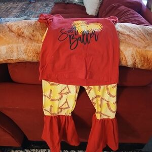 Red Softball Graphic Top and Yellow Baseball Print Pants Set